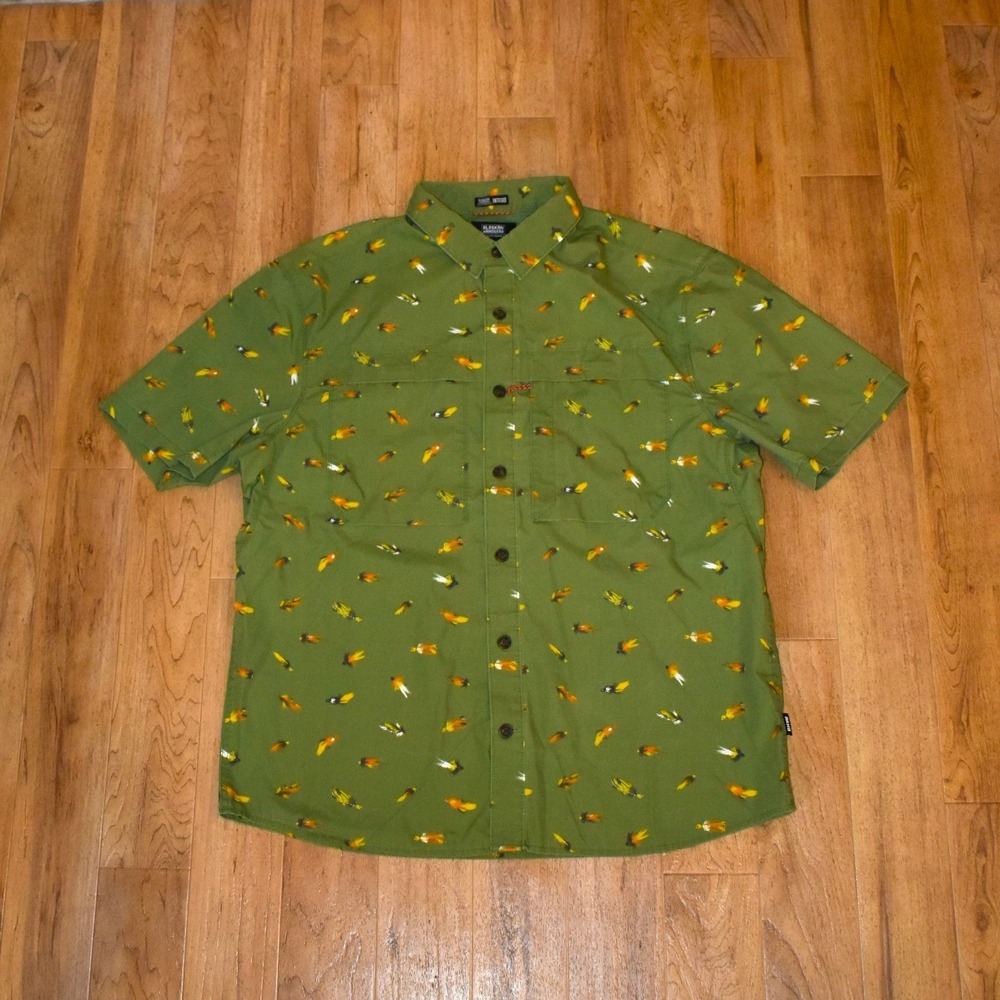 Alaskan Hardgear Fishing Shirt Mens L Green Fly Lure Print Untucked L/S